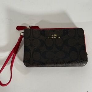 Coach F66506 Signature Double Corner Zip Wristlet Brown/True Red